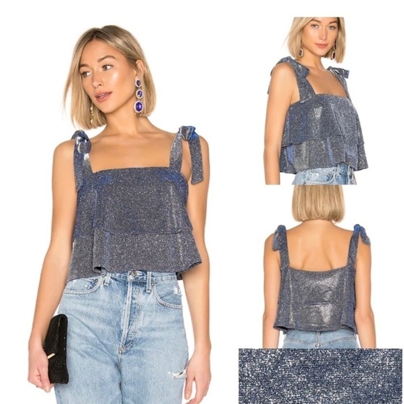 NEW Superdown Helene Top Sparkling Shoulder Ties In Metallic Blue M - Picture 2 of 9